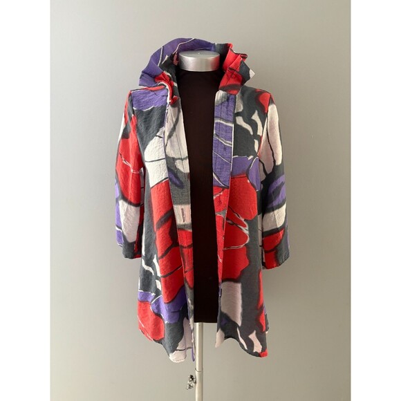 Yushi Tunic Top Size S Red Gray Lagenlook Flowy Artsy Wire Collar Lightweight - Picture 2 of 16